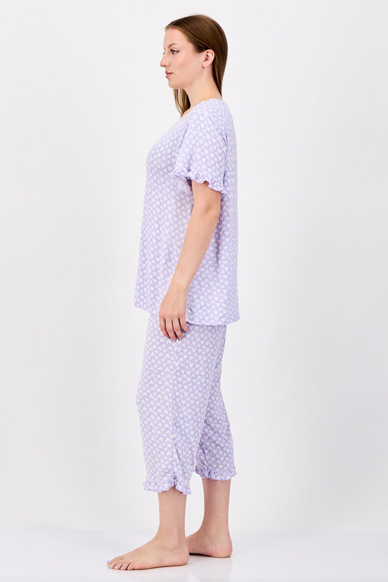 Rene Rofe Women 2 Pcs Heart Print T-Shirt And Pants Pyjama Set, Lavender - Image 3